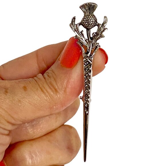 Scotland Thistle Silver Tone Kilt Brooch Pin With Safety Clasp 3in - Picture 3 of 10